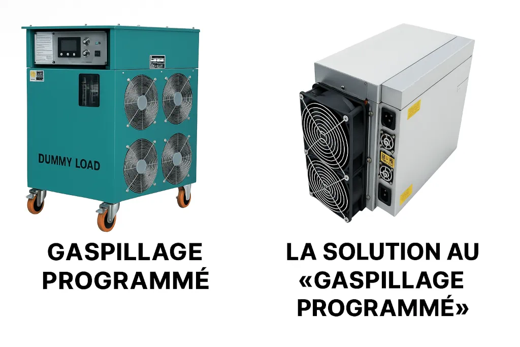Banc de charge industriel vert légendé “Gaspillage programmé”, comparé à un ASIC de minage Bitcoin légendé “La solution au gaspillage programmé”.