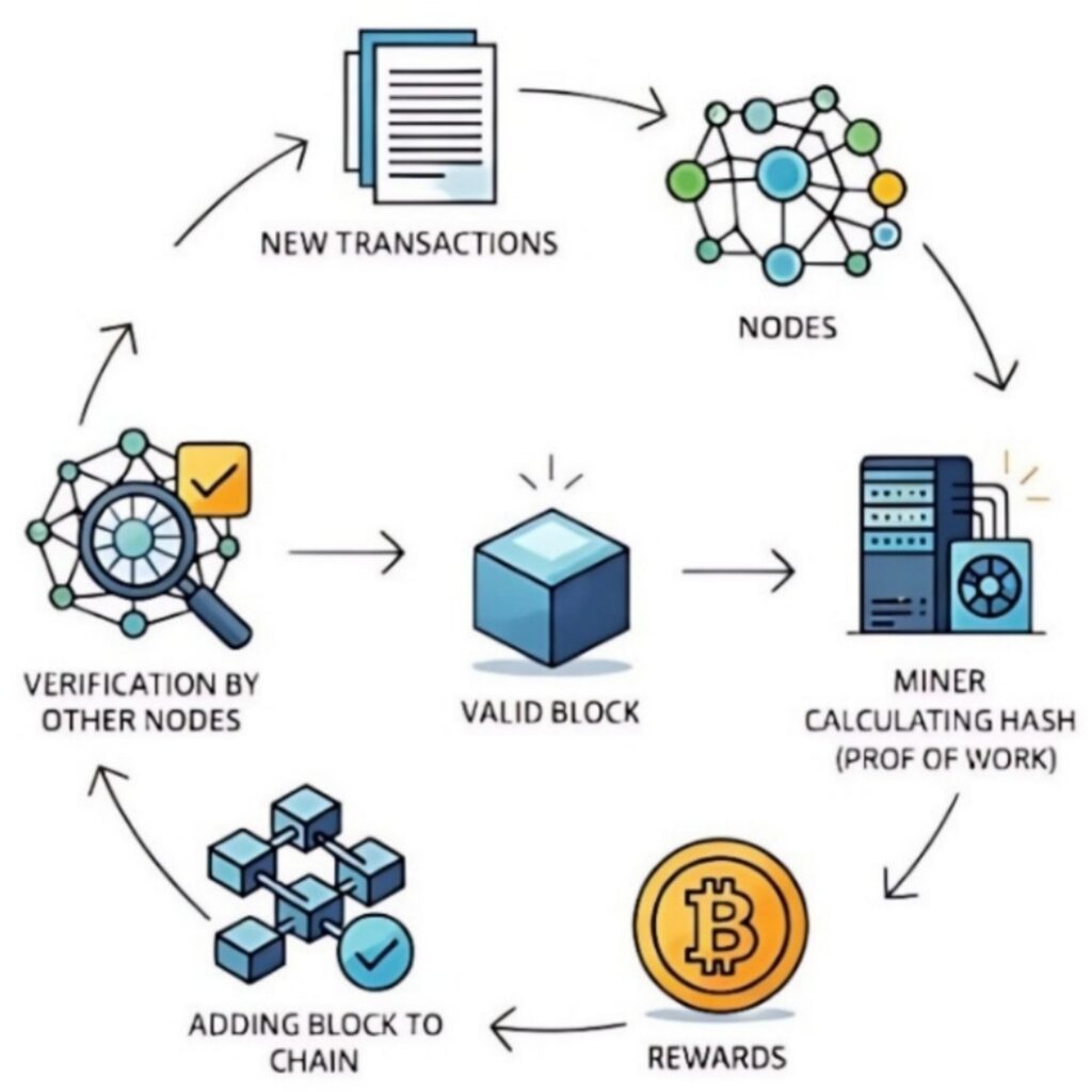 Schéma illustrant le fonctionnement du minage de Bitcoin : transactions, nœuds, calcul du hash, validation du bloc, ajout à la blockchain et récompense.