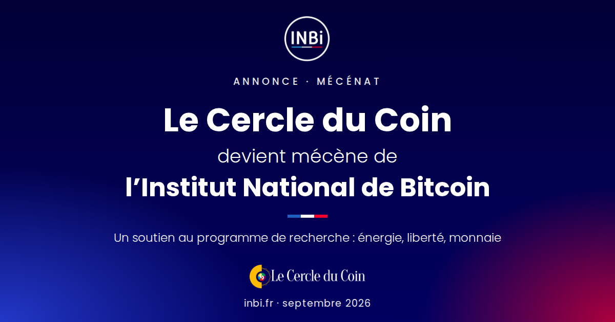 Le Cercle du Coin devient mécène de l’Institut National de Bitcoin. Un soutien au programme de recherche : énergie, liberté, monnaie. Logos de l’INBi et du Cercle du Coin.